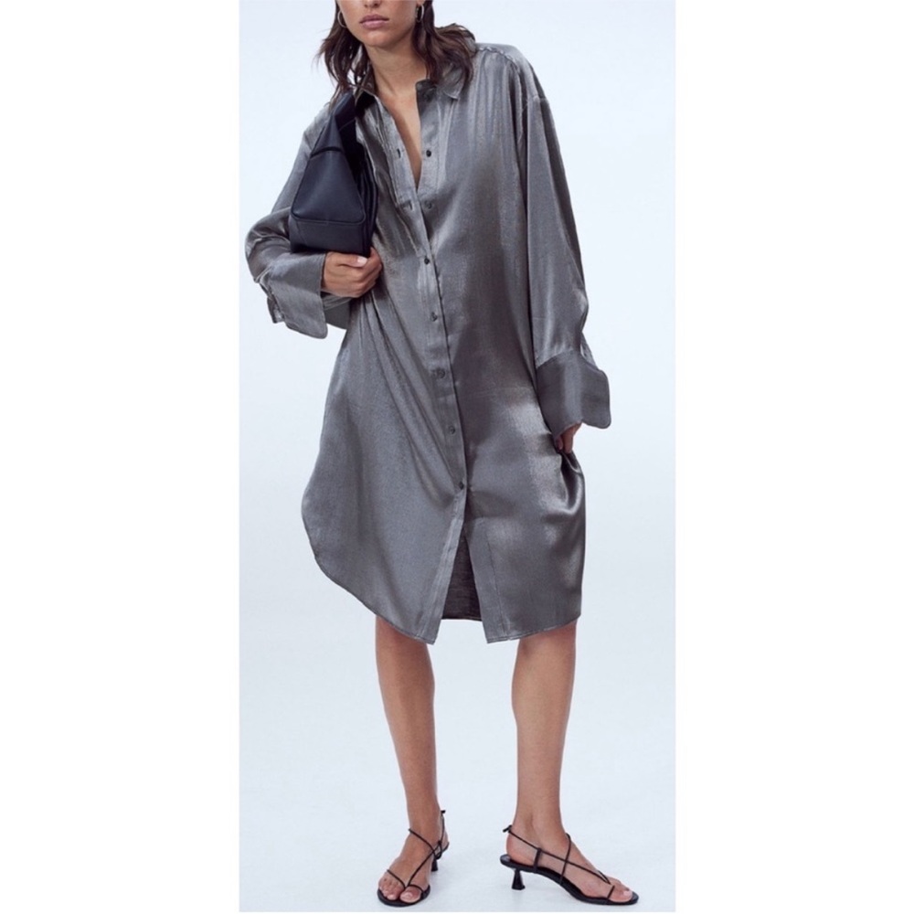 H&M Metallic Silver Satin Oversized Button Up Shirt Dress
